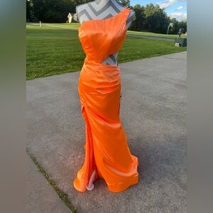 Orange Asymmetrical Ruched One Shoulder Gown